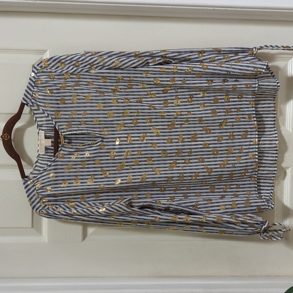 Michael Michael Kors Women's Long Sleeve Floral/Stripe Semi-Sheer Blouse Sz Lg - Picture 1 of 6